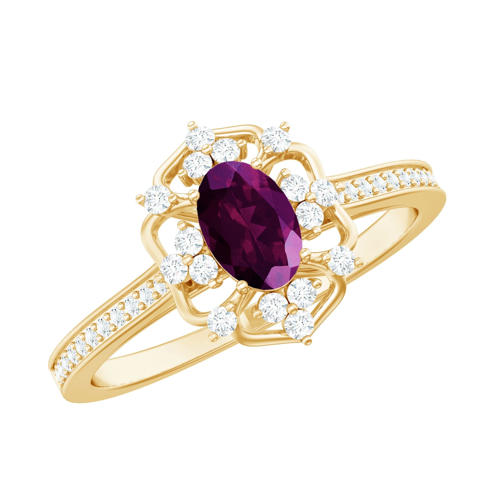 Vintage oval rhodolite center ring with diamond accents, gold-toned setting