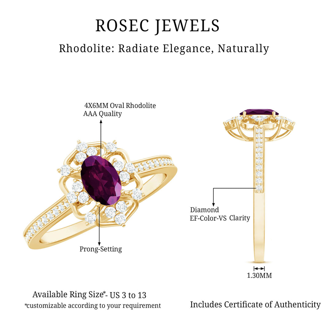 Rosec Jewels ring diagram: 4x6mm oval rhodolite AAA, prong setting dimensions shown