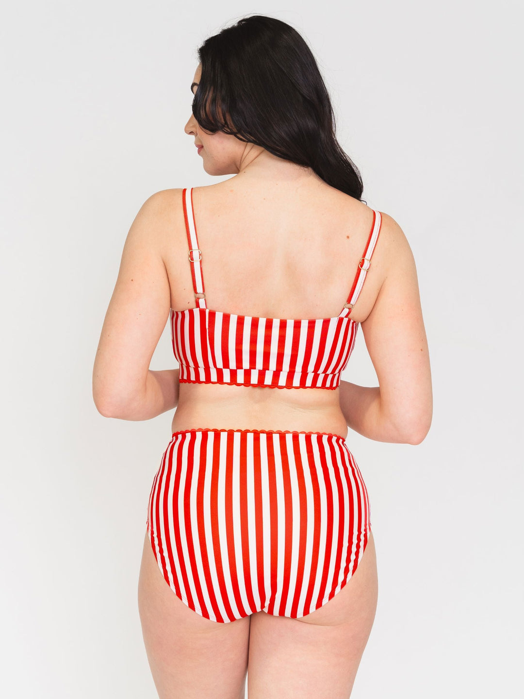 Back view of red striped scoop bralette with adjustable straps and center-back elastic