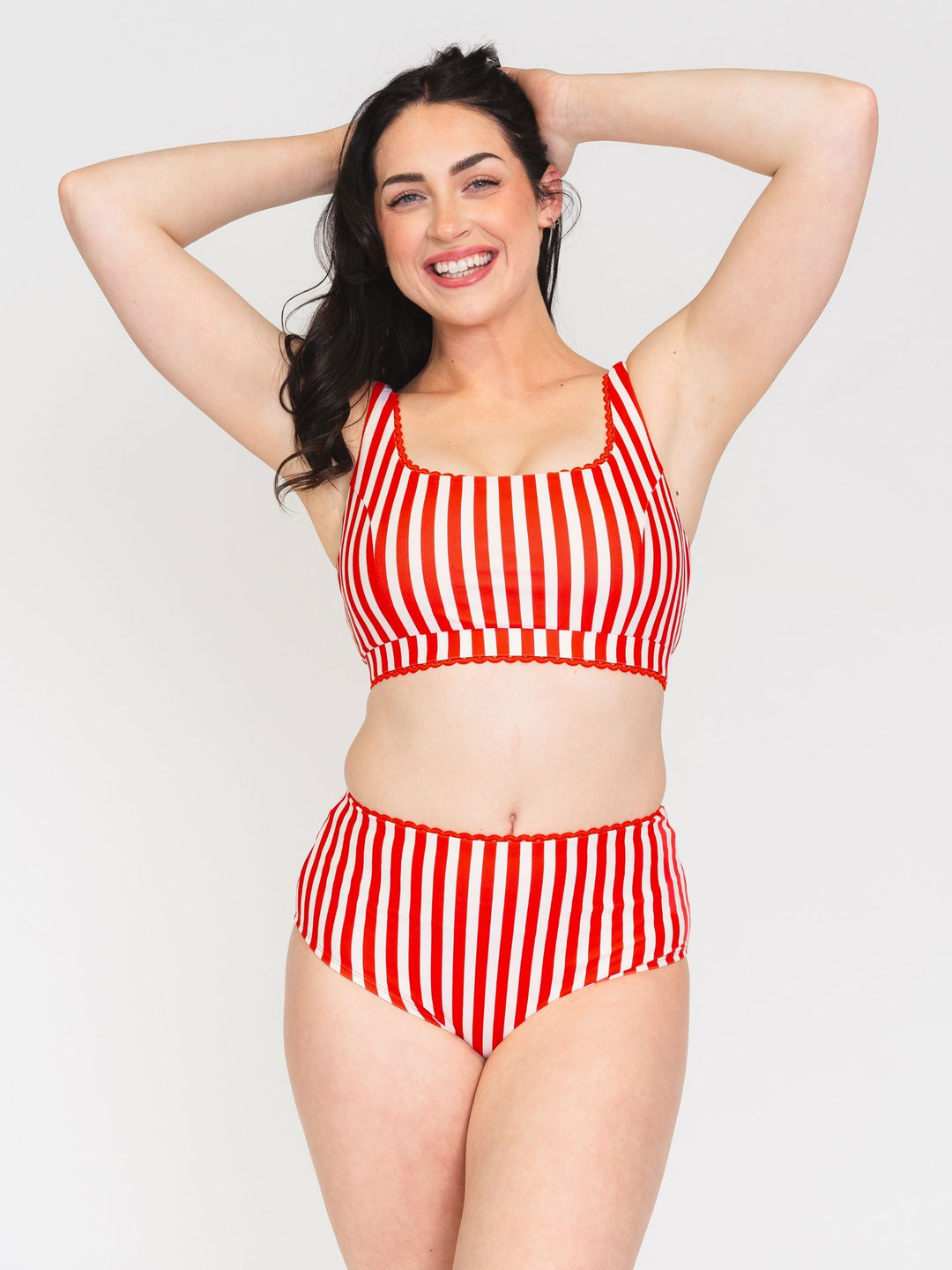 Red Stripe scoop bralette with ruffled elastic trim and adjustable shoulder straps