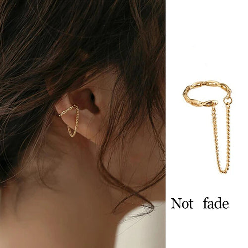 Gold-tone ear cuff with small chain drop, no-piercing mini ear jewelry