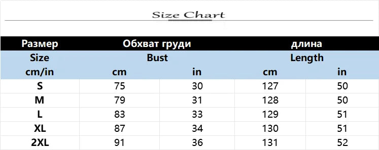 Size chart table for S to 2XL with bust and length measurements (cm and in)