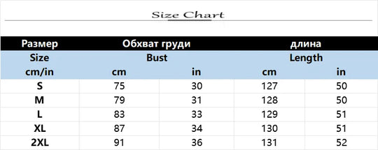 Size chart table for S to 2XL with bust and length measurements (cm and in)