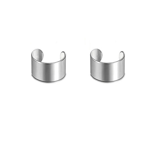 Silver tone open hoop ear cuff earrings, no piercing, shown as pair