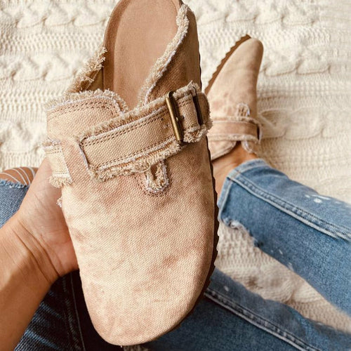 Canvas-Slipper mit runder Zehenpartie, Schnallenriemen, hellbraun/beige