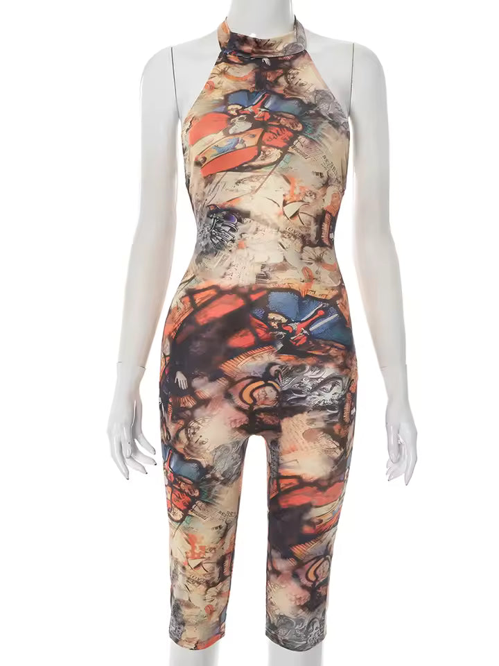 Renaissance Realm Romper am Schaufensterkörper, ärmelloses Halter-Design mit Grafikprint