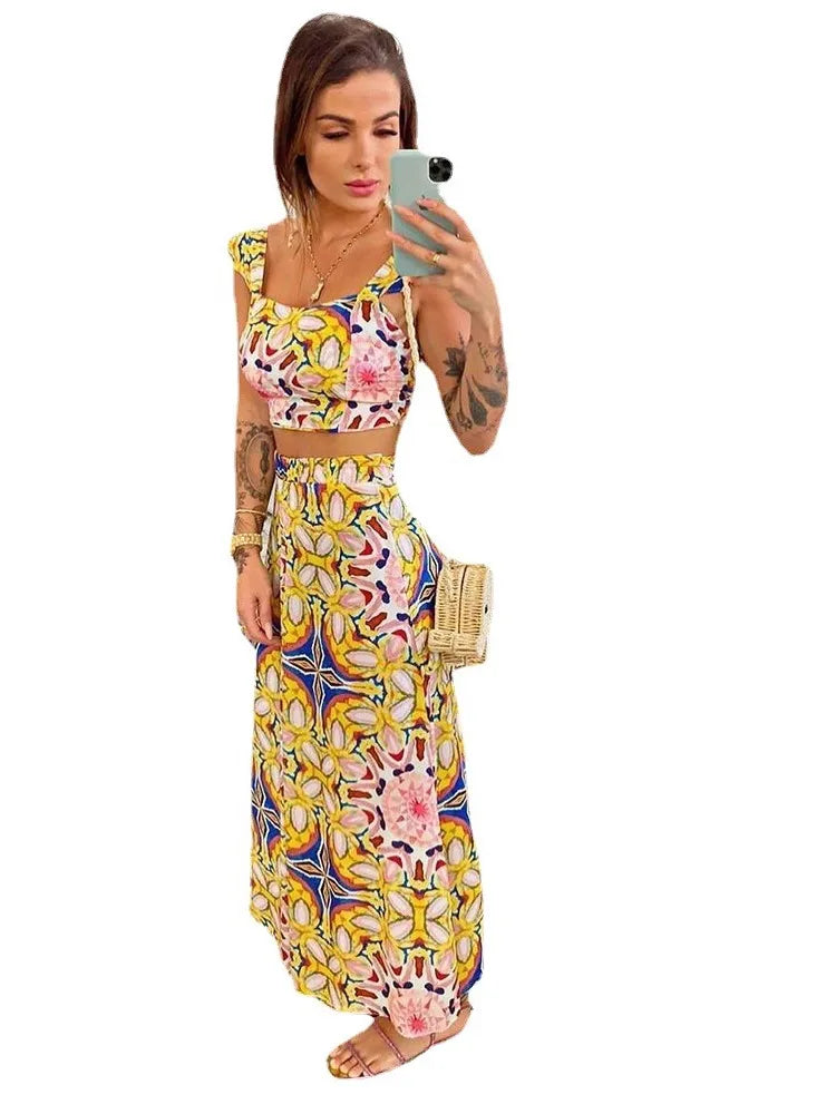 Printed crop camisole and matching A-line maxi skirt in yellow, blue, red, and pink