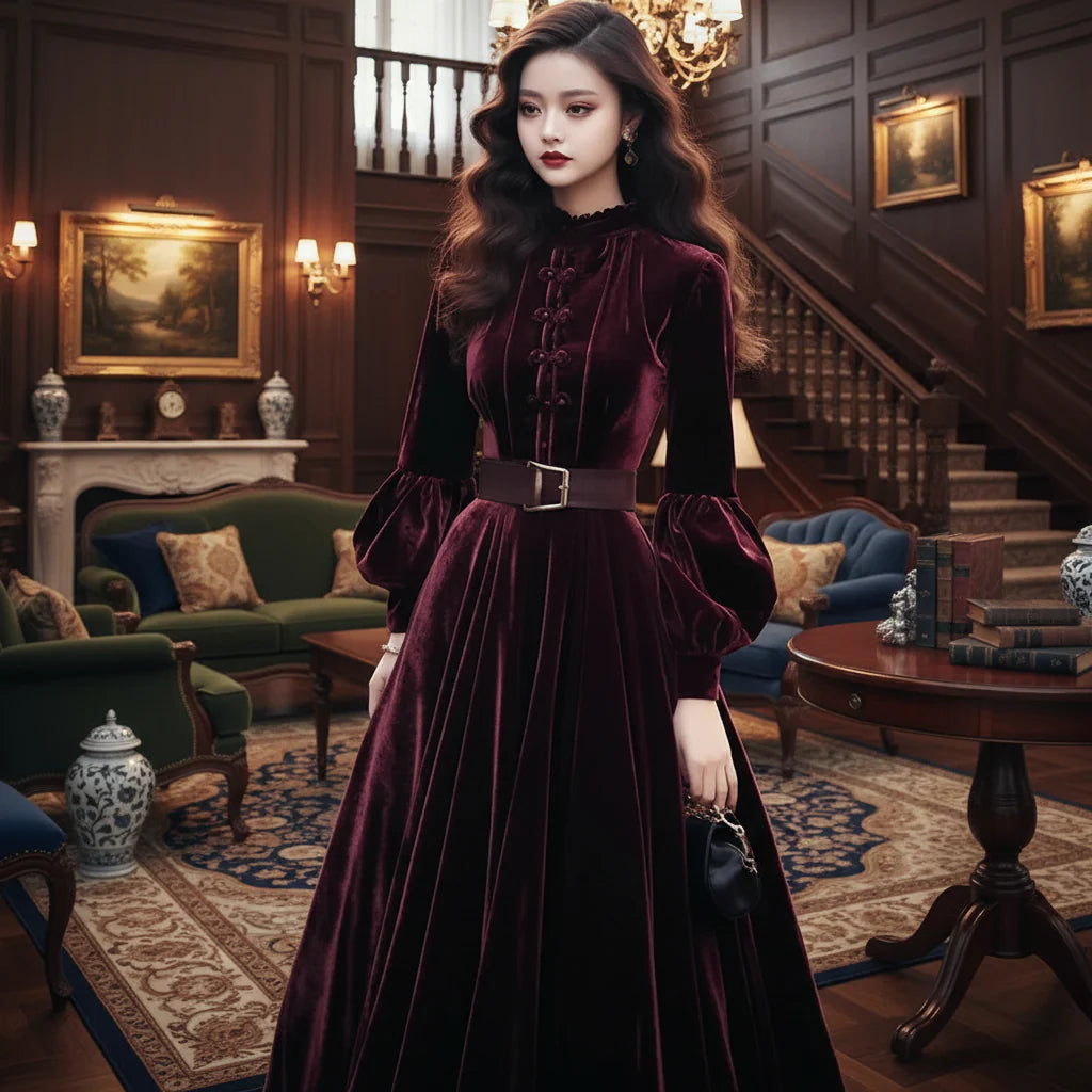 Weinrotes Samtkleid mit Knopfleiste, hohem Kragen, Gürtel und Glockensaum