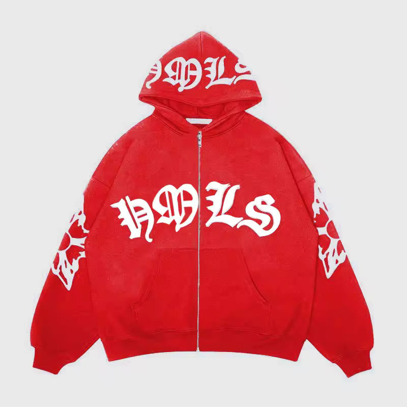 Archangel Full-Zip Jacket, crimson/red hoodie with front zipper and chest logo graphic