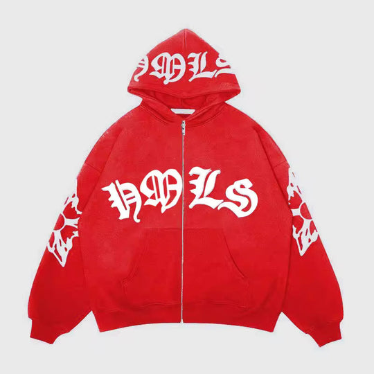 Archangel Full-Zip Jacket, crimson/red hoodie with front zipper and chest logo graphic