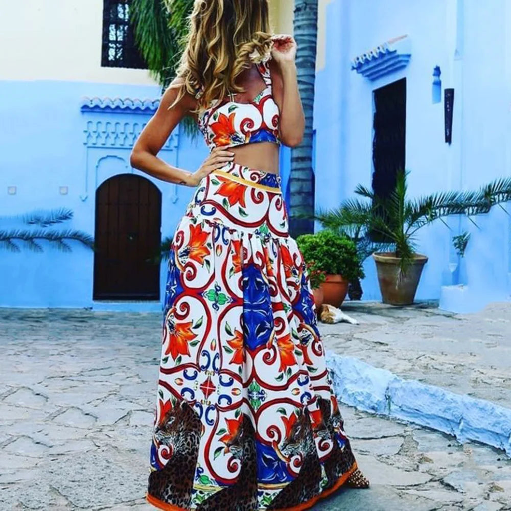 Bohemian print two-piece: sleeveless crop top and long A-line skirt with red, blue, yellow motifs
