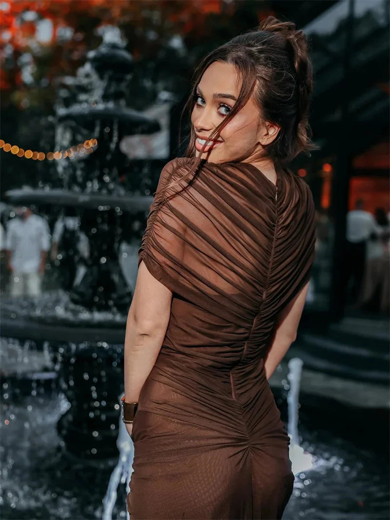 Coffee-brown maxi dress with short sleeves; ruched bodice and tapered waist