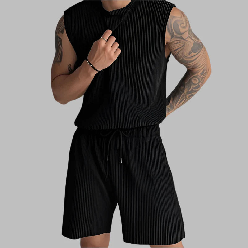 Black ribbed sleeveless tank with matching drawstring pleated shorts set