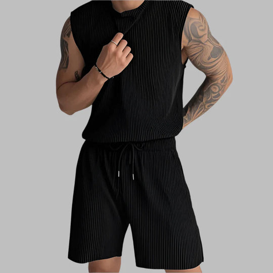Black ribbed sleeveless tank with matching drawstring pleated shorts set