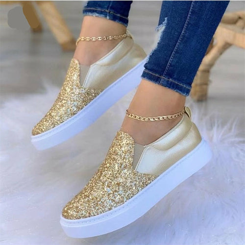 Glitter flat moccasin loafers in gold with gold chain ankle strap