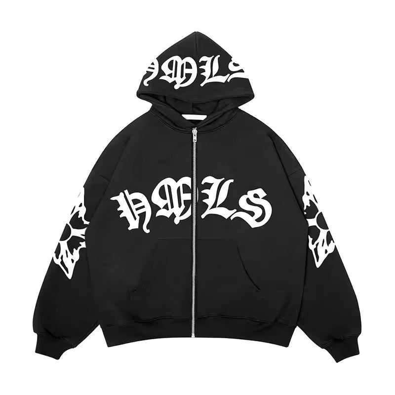 Archangel Full-Zip Jacket, black hoodie with front zipper and large chest logo graphic