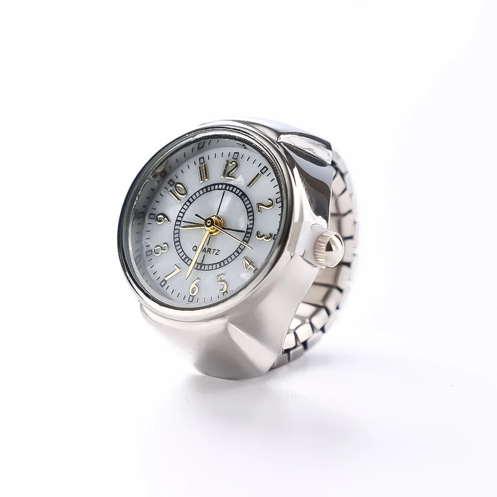 Silver stainless steel quartz ring watch, round face with gold hands