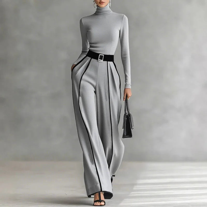 Gray set with mock-neck long sleeves and wide-leg trousers, black belt and stripe trim