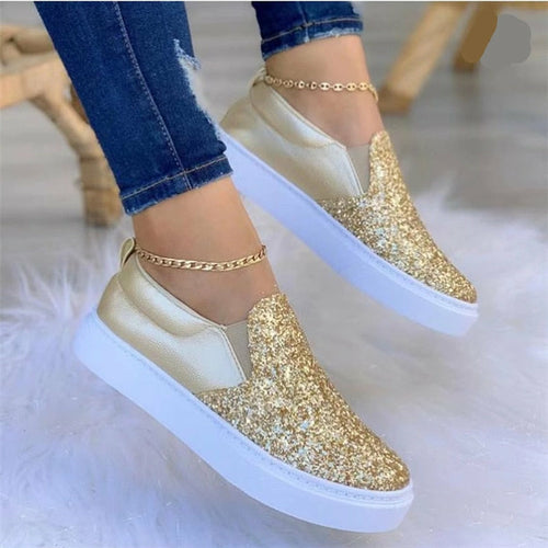 Gold glitter flat moccasin loafers with ankle chain strap and white sole