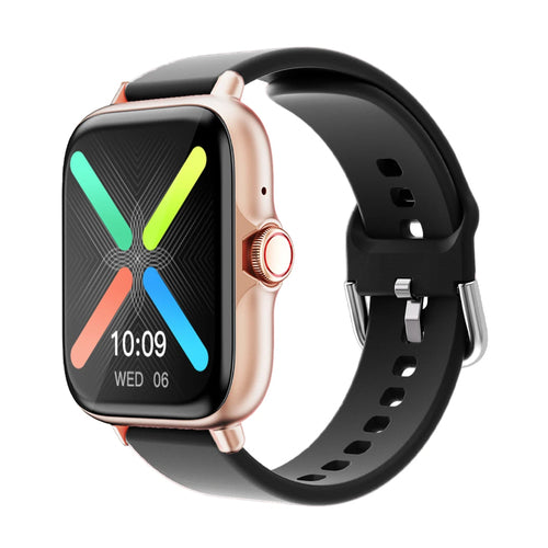 Waterproof smart watch with multicolor X-shaped watch face on black strap
