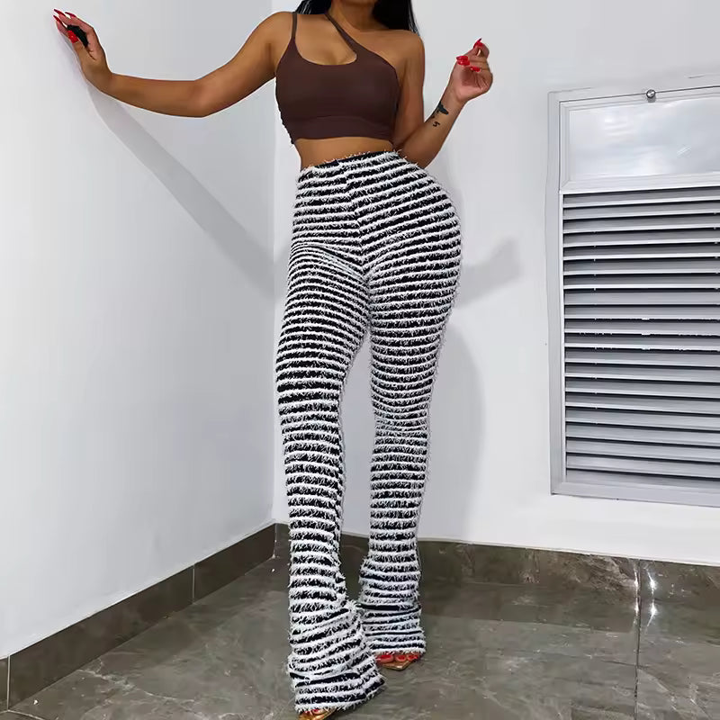 Shag Stripe Bell Bottoms, weiß-schwarz gestreifte Frottee-Optik, hoher Bund