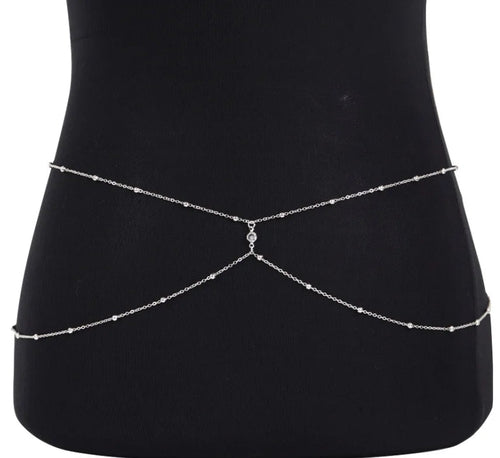 Silver rhinestone beaded belly chain with two dangling strands and round clasp