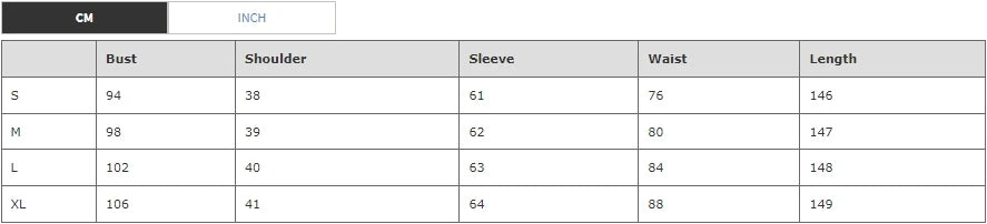 Size chart (cm): bust, shoulder, sleeve, waist and length for S–XL
