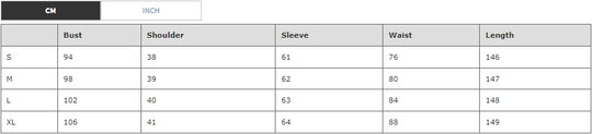 Size chart (cm): bust, shoulder, sleeve, waist and length for S–XL