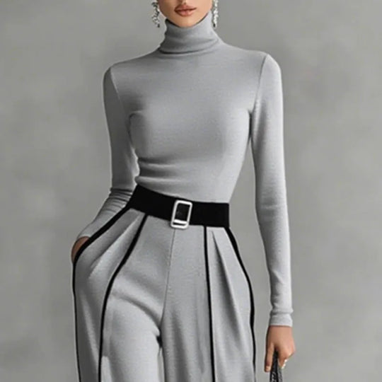 Gray 2-piece set: mock-neck top and wide-leg trousers with black contrast belt and stripes