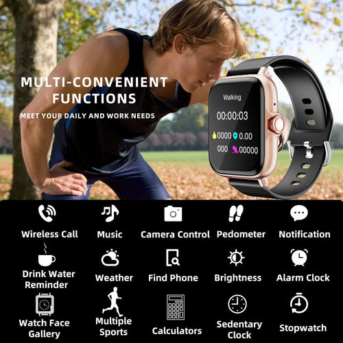 Waterproof smart watch on wrist with call, music, notification and workout icons