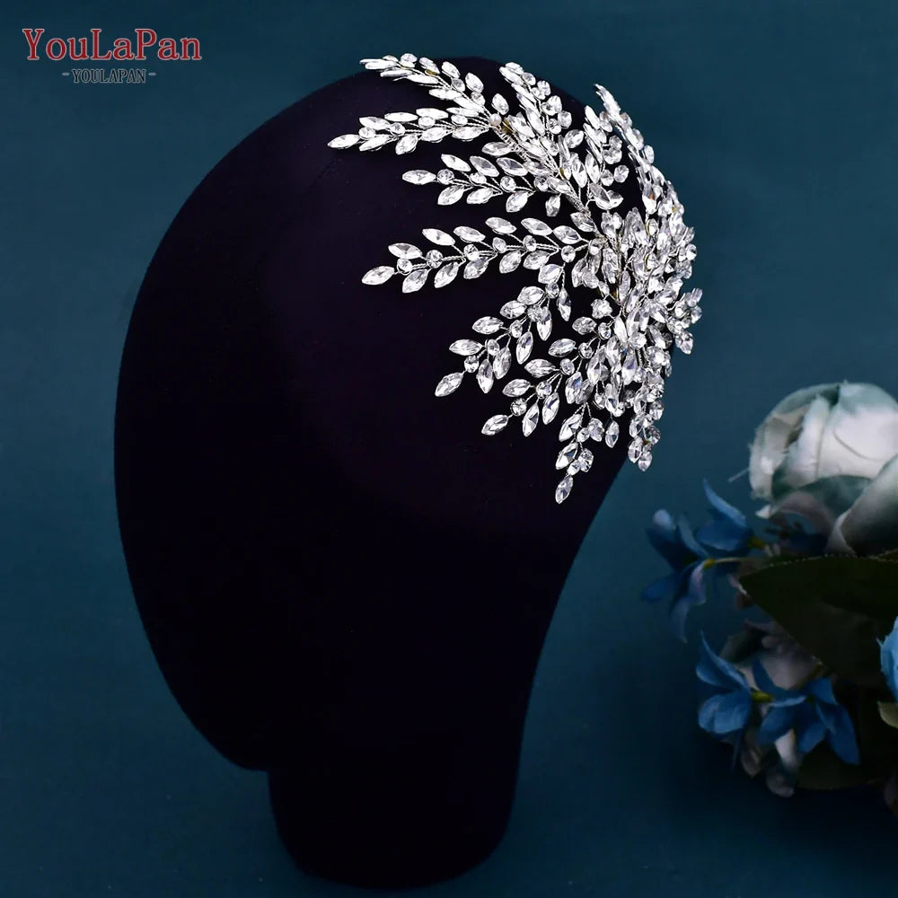 Silver crystal rhinestone tiara headband with leaf-like branch detail