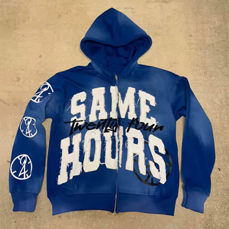 Blue zip hoodie with large 'SAME' 'HOURS' graphic front