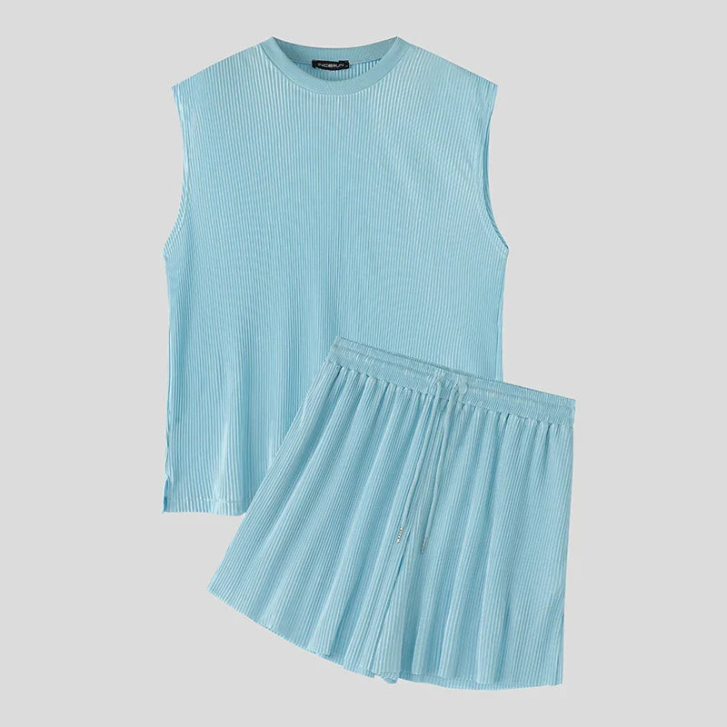 Light blue sleeveless ribbed tank and pleated shorts set, matching set