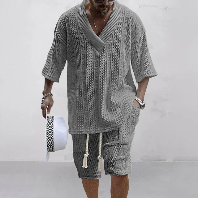 Men’s knitted V-neck short-sleeve top and drawstring shorts set, grey