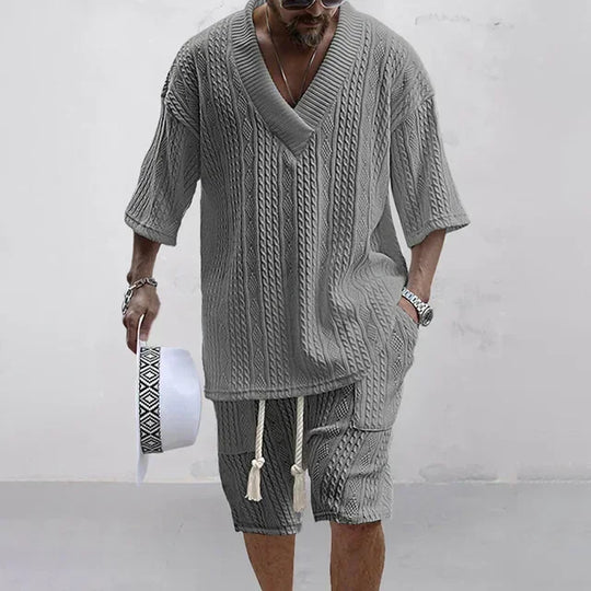 Men’s knitted V-neck short-sleeve top and drawstring shorts set, grey