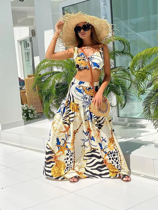 Two-piece summer set: printed sleeveless crop camisole and A-line maxi skirt with animal accents
