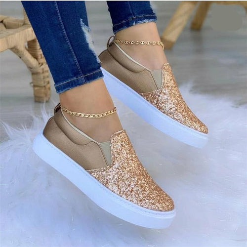Rose gold glitter flat loafers, taupe upper, slip-on loafers with chain trim