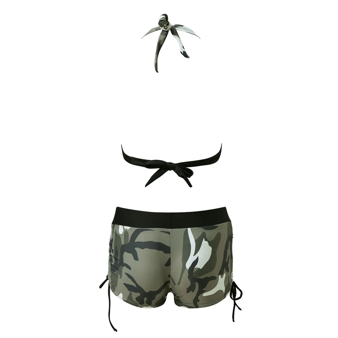 Camo bikini set pieces: halter triangle top and drawstring side shorts
