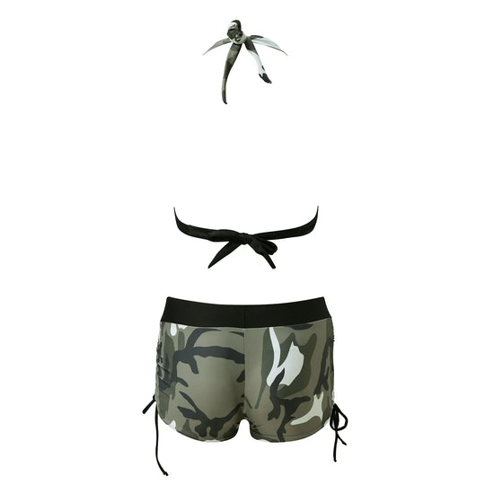 Camo bikini set pieces: halter triangle top and drawstring side shorts