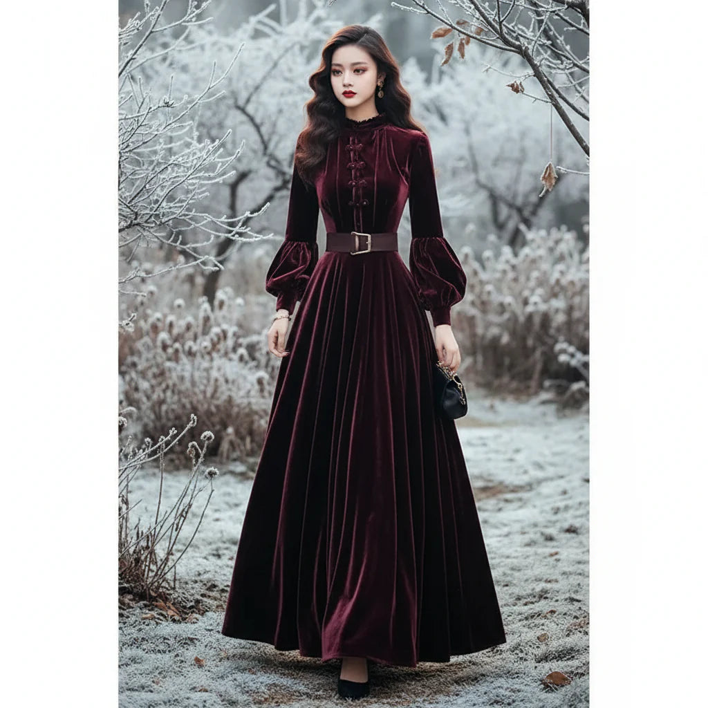 Weinrotes Samtkleid mit Puffärmeln, hohem Kragen, Knopfleiste und tailliertem Gürtel