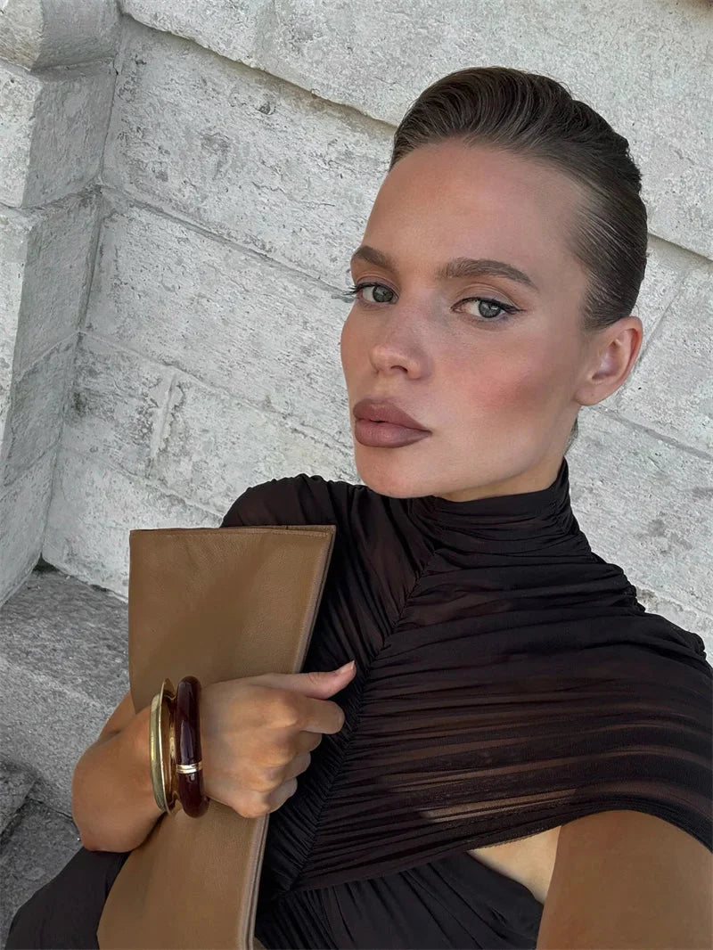 Coffee-brown dress with ruched short sleeves and neckline detail
