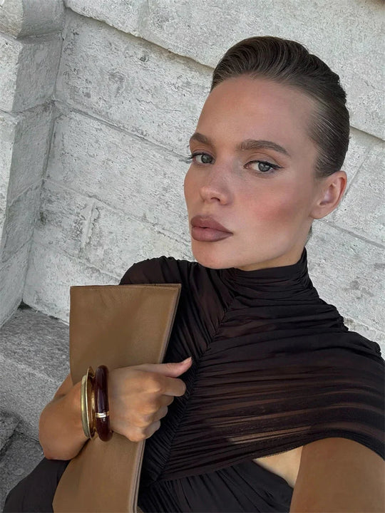 Coffee-brown dress with ruched short sleeves and neckline detail