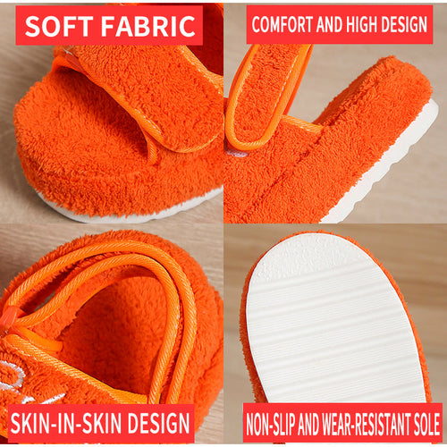 Orange plush sandals: fabric close-up, hook straps, and textured non-slip sole.