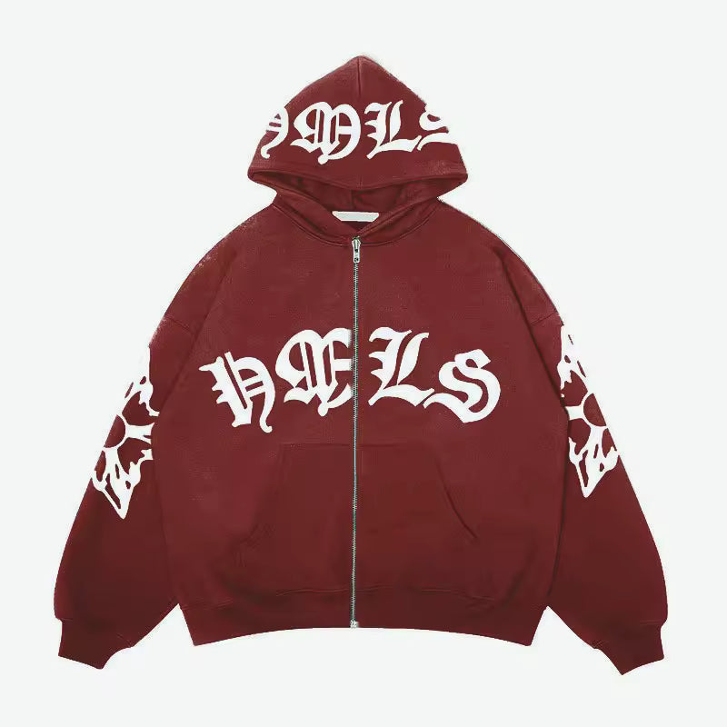 Archangel Full-Zip Jacket, burgundy hoodie with front zipper and large chest logo graphic