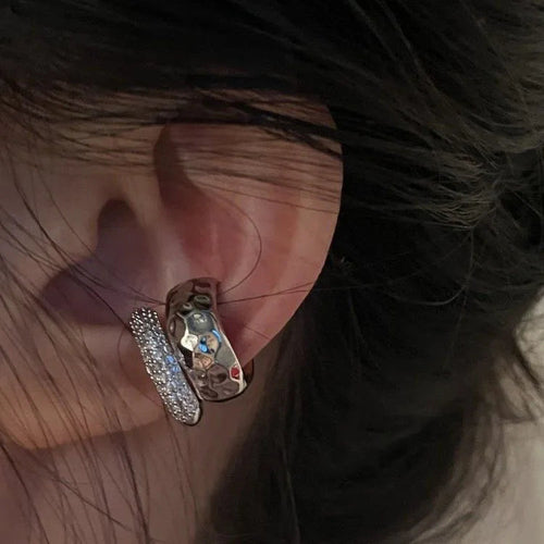 Silver tone charm ear cuff earring with oval multicolor crystal center