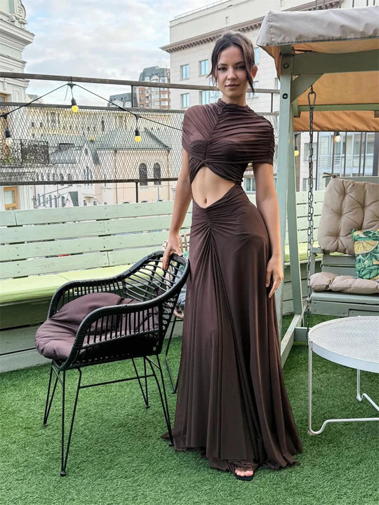 Coffee-brown high-waist maxi dress with short sleeves and twisted bodice