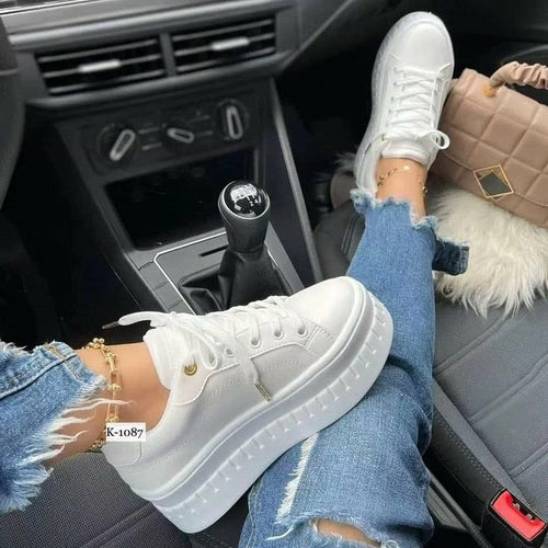 White flat platform sneakers, lace-up with elevated midsole