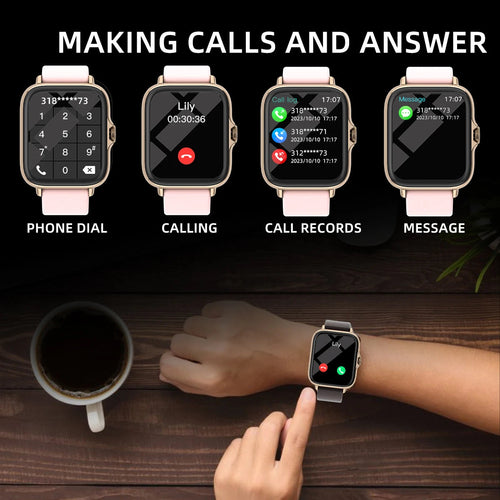 Waterproof smart watch with call and message interface icons on rose-pink band