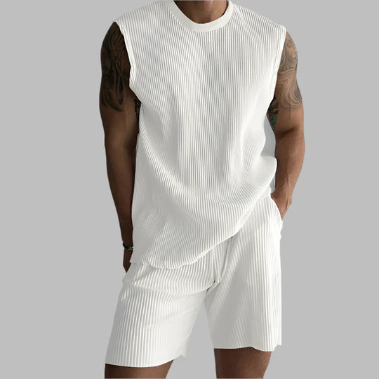 White ribbed sleeveless tank with matching pleated shorts set for men