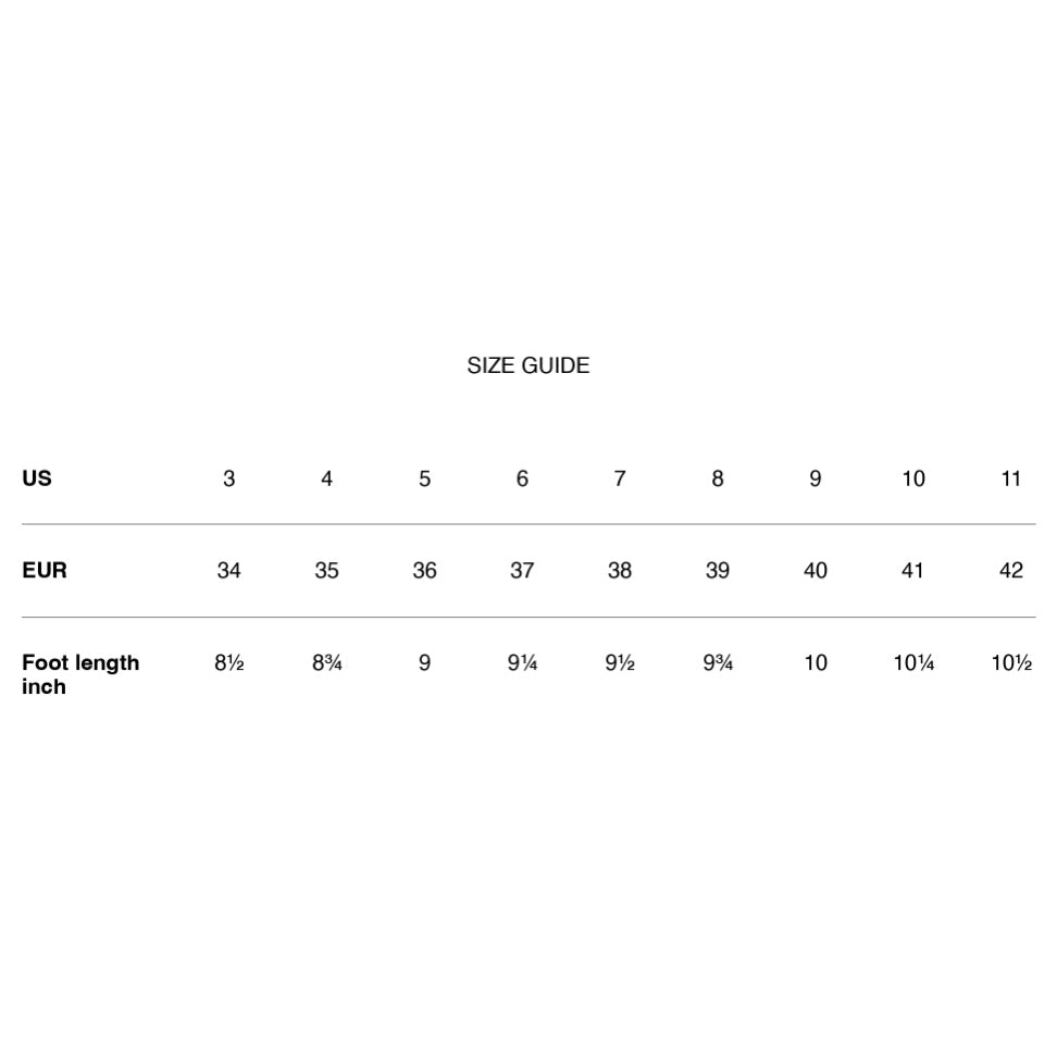 Size guide chart for US and EUR sizes 3–11, foot length in inches